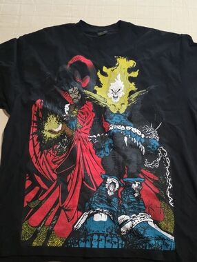 Vintage Rusj Black Graphic Tee with Red, Blue and Yellow Illustration Sz 3XL
